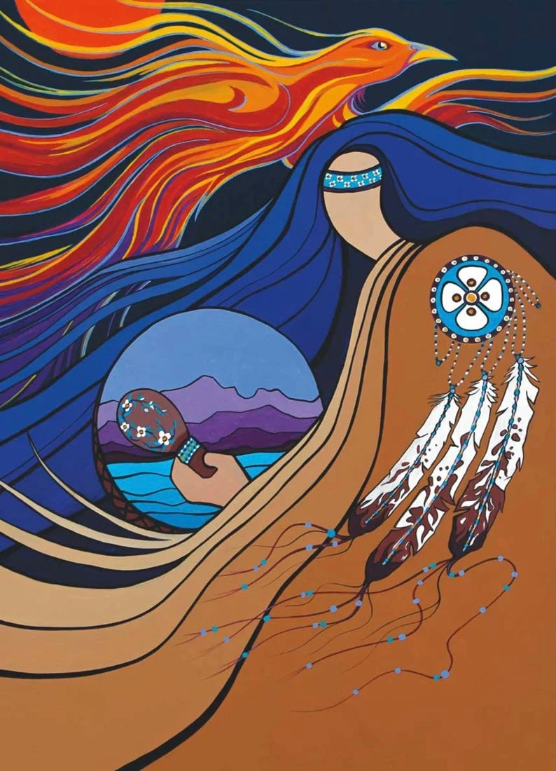 *Art Card Pam Cailoux Raising The Drum - *Art Card Pam Cailoux Raising The Drum -  - House of Himwitsa Native Art Gallery and Gifts