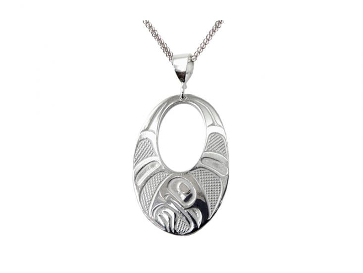 Bill Helin Silver Pewter Pendant Raven Wings (oval) - Bill Helin Silver Pewter Pendant Raven Wings (oval) -  - House of Himwitsa Native Art Gallery and Gifts