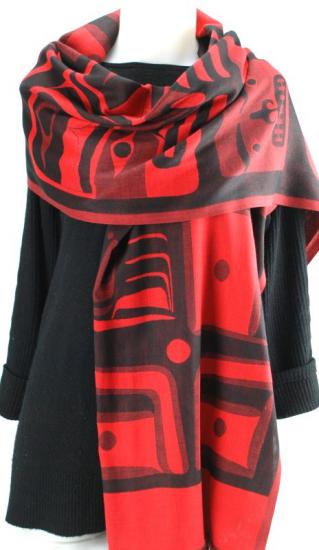 Shawl Poly Woven Bill Helin Chilkat - Red - 53-53-594 - House of Himwitsa Native Art Gallery and Gifts