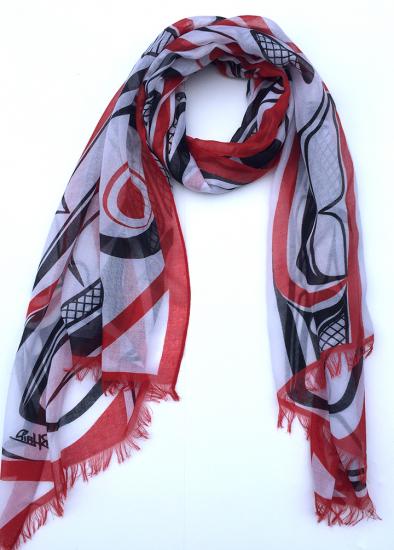 Shawl Poly Woven Bill Helin Frog - Red/Black - 53-53-602 - House of Himwitsa Native Art Gallery and Gifts