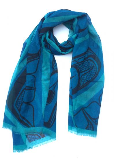 Shawl Poly Woven Bill Helin Frog - Turquoise - 53-53-603 - House of Himwitsa Native Art Gallery and Gifts