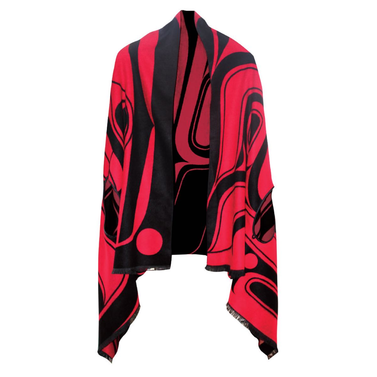 REVERSIBLE FASHION CAPES - Red Ryan Cranmer Tradition Red - CAPE12 - House of Himwitsa Native Art Gallery and Gifts