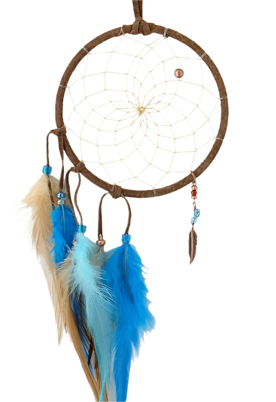 4" Brown and Turquoise Magical Dream Catcher detailed with quartz crystal. - Monague Native Crafts - Dream Catcher - House of Himwitsa Art Gallery