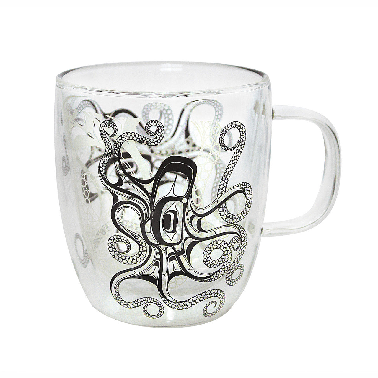 DOUBLE-WALLED GLASS MUGS - 12oz / Octopus (Nuu) - GMUG15 - House of Himwitsa Native Art Gallery and Gifts