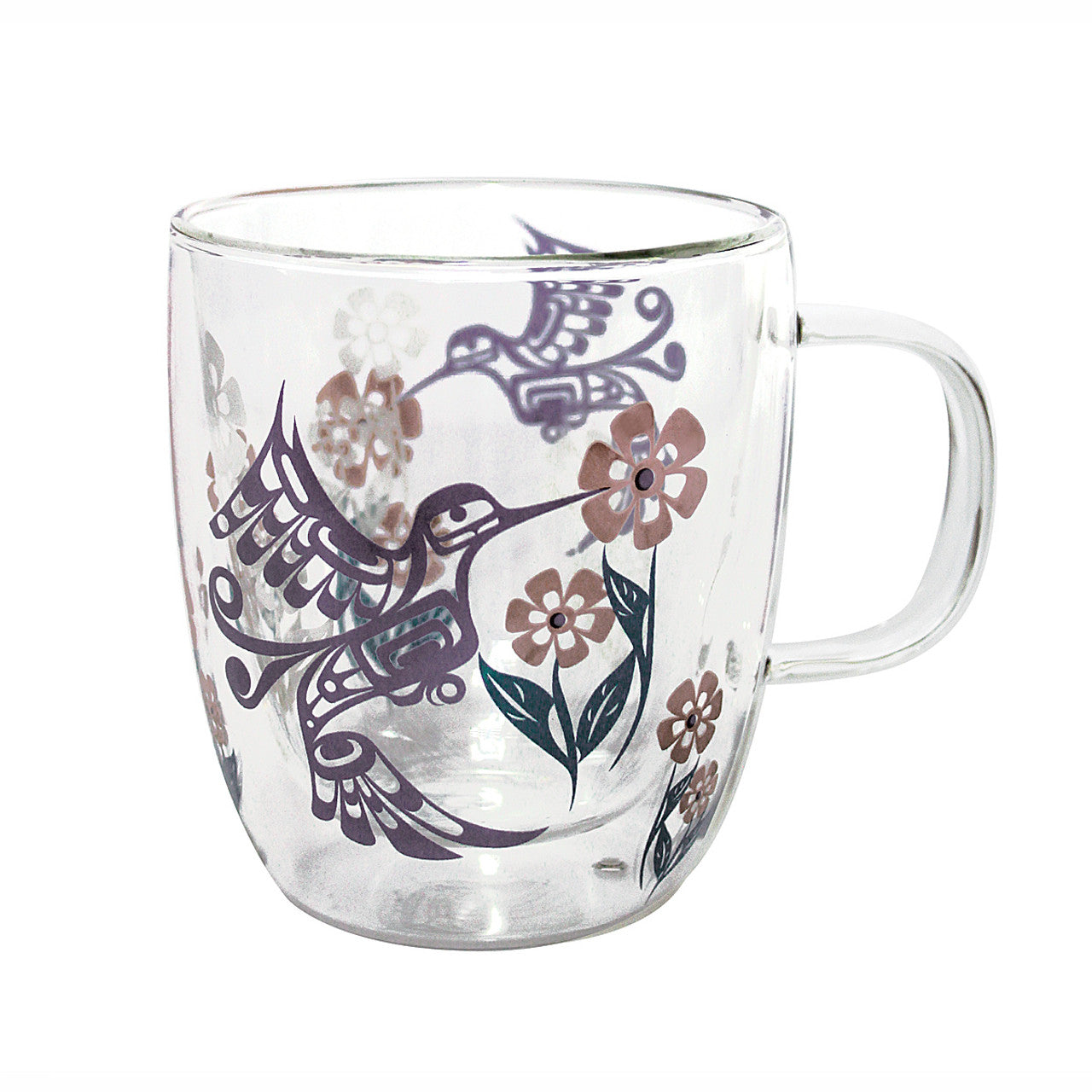 DOUBLE-WALLED GLASS MUGS - 12oz / Hummingbird - GMUG16 - House of Himwitsa Native Art Gallery and Gifts
