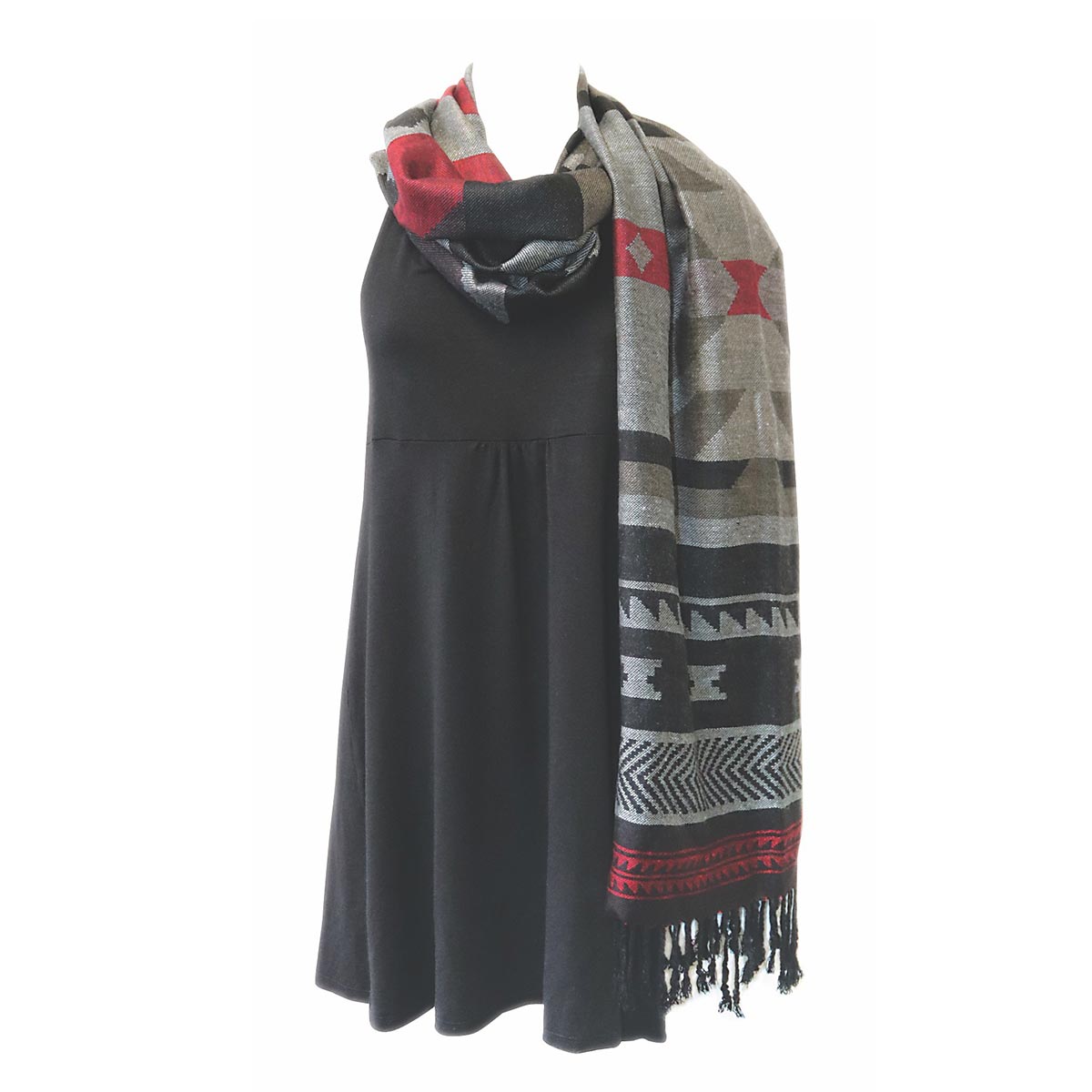 Shawl LS Salish Weaving Red/Blk/Gry - Shawl LS Salish Weaving Red/Blk/Gry -  - House of Himwitsa Native Art Gallery and Gifts