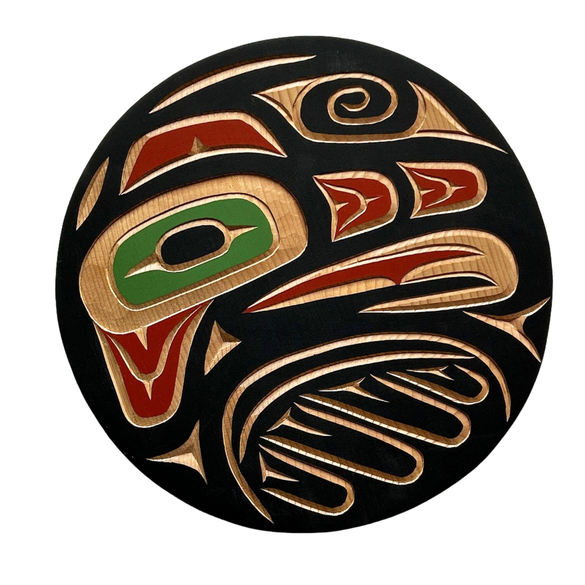 Valencia Bird Red Cedar Raven Panel 10" Diameter x .3/4" Depth - Jerry Wolfman - Carving - House of Himwitsa Art Gallery