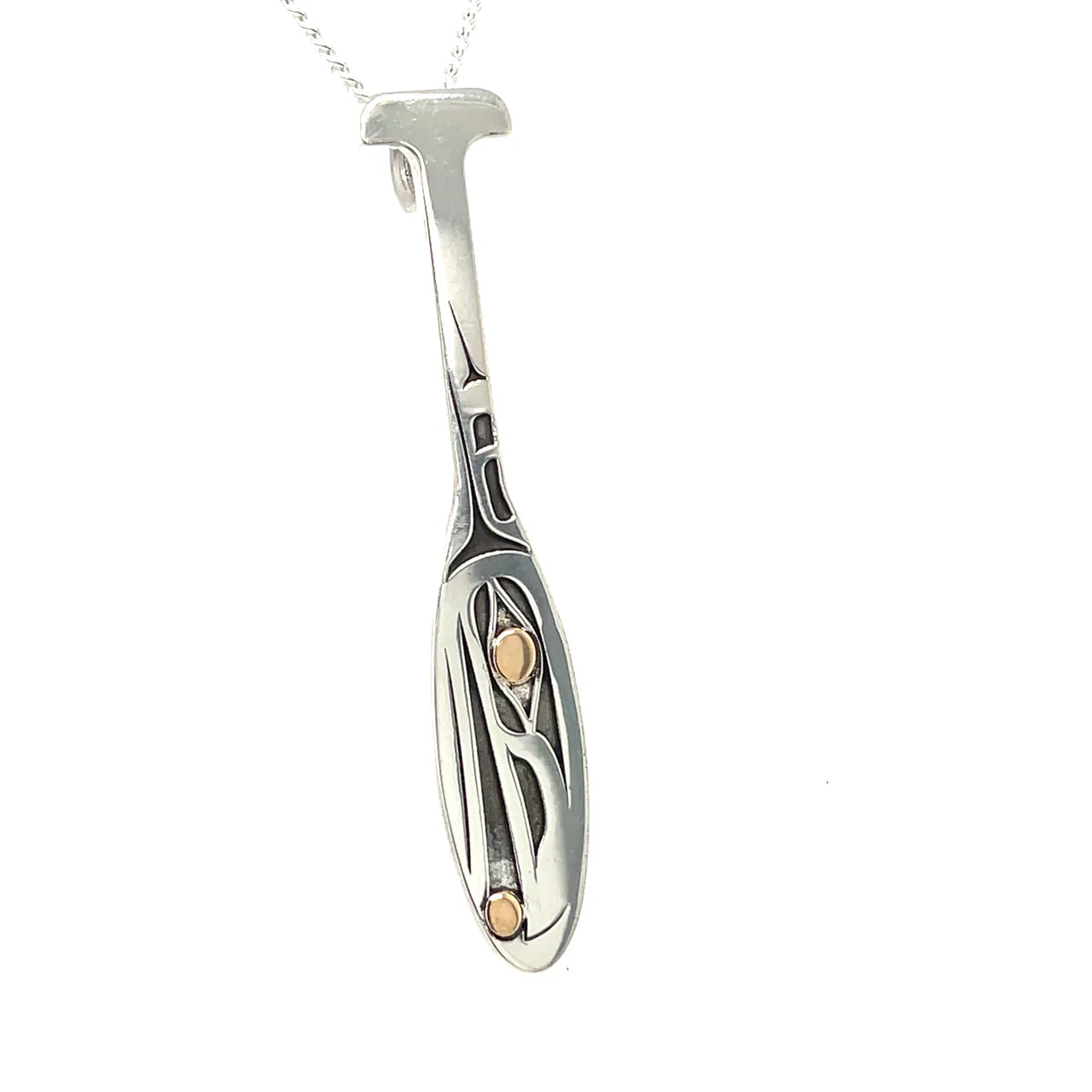 Grant Pauls Pendant Sterling Silver with 14K Gold Raven Paddle - Grant Pauls - Silver Pendant - House of Himwitsa Art Gallery