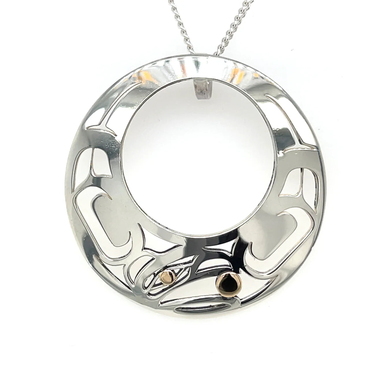 Grant Pauls Pendant Sterling Silver with 14K Gold Circular Off Set Raven - Grant Pauls - Silver Pendant - House of Himwitsa Art Gallery