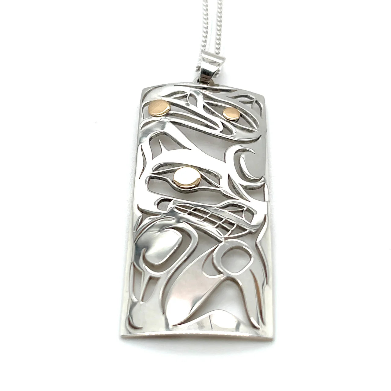 Grant Pauls Pendant Sterling Silver with 14K Gold Rectangular Wolf and Raven - Grant Pauls - Silver Pendant - House of Himwitsa Art Gallery