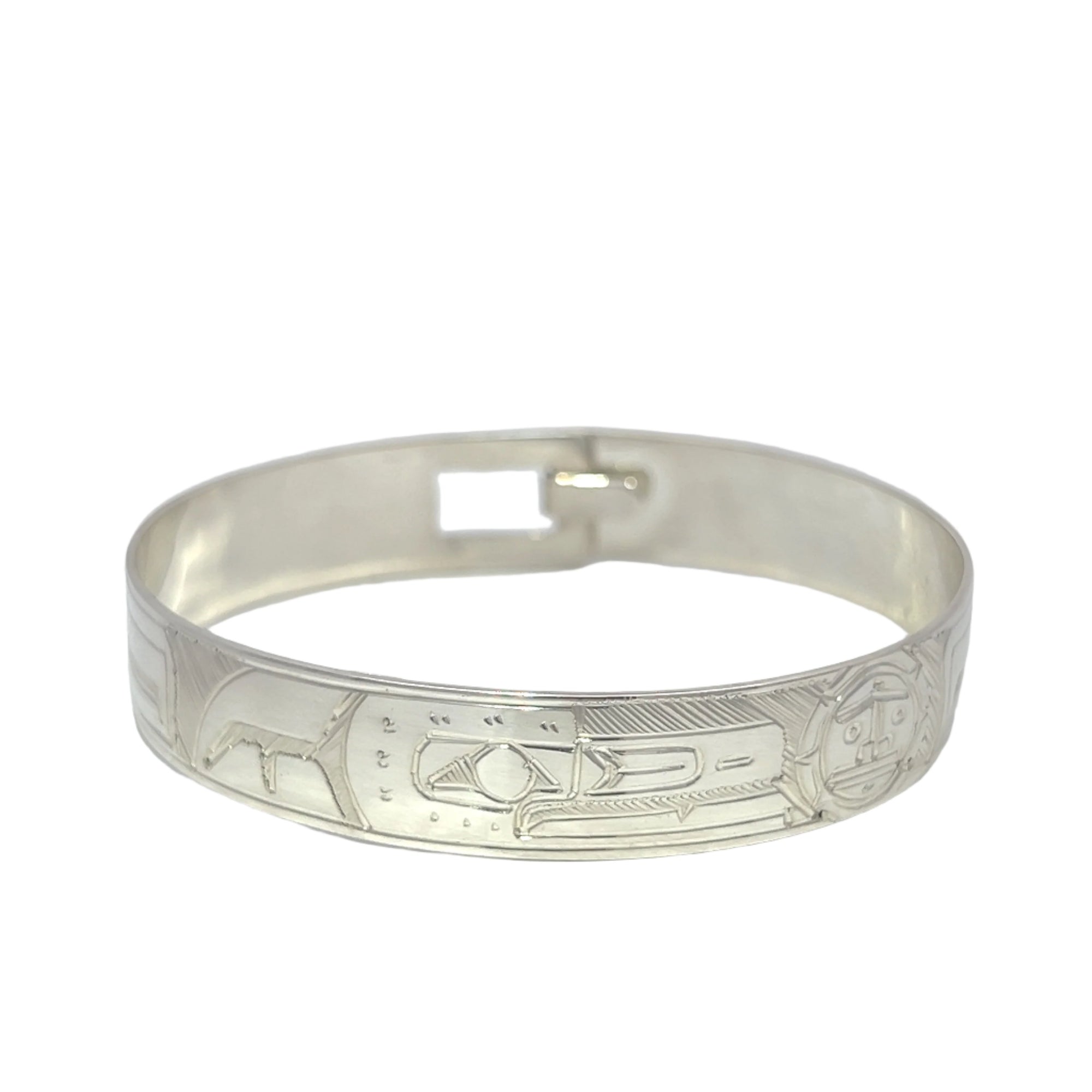 Gilbert Pat Raven & Sun 1/2'' Width x  7.1/2" Diameter Silver Bangle - Gilbert Pat - Jewellery Sterling Silver Bracelets - House of Himwitsa Art Gallery