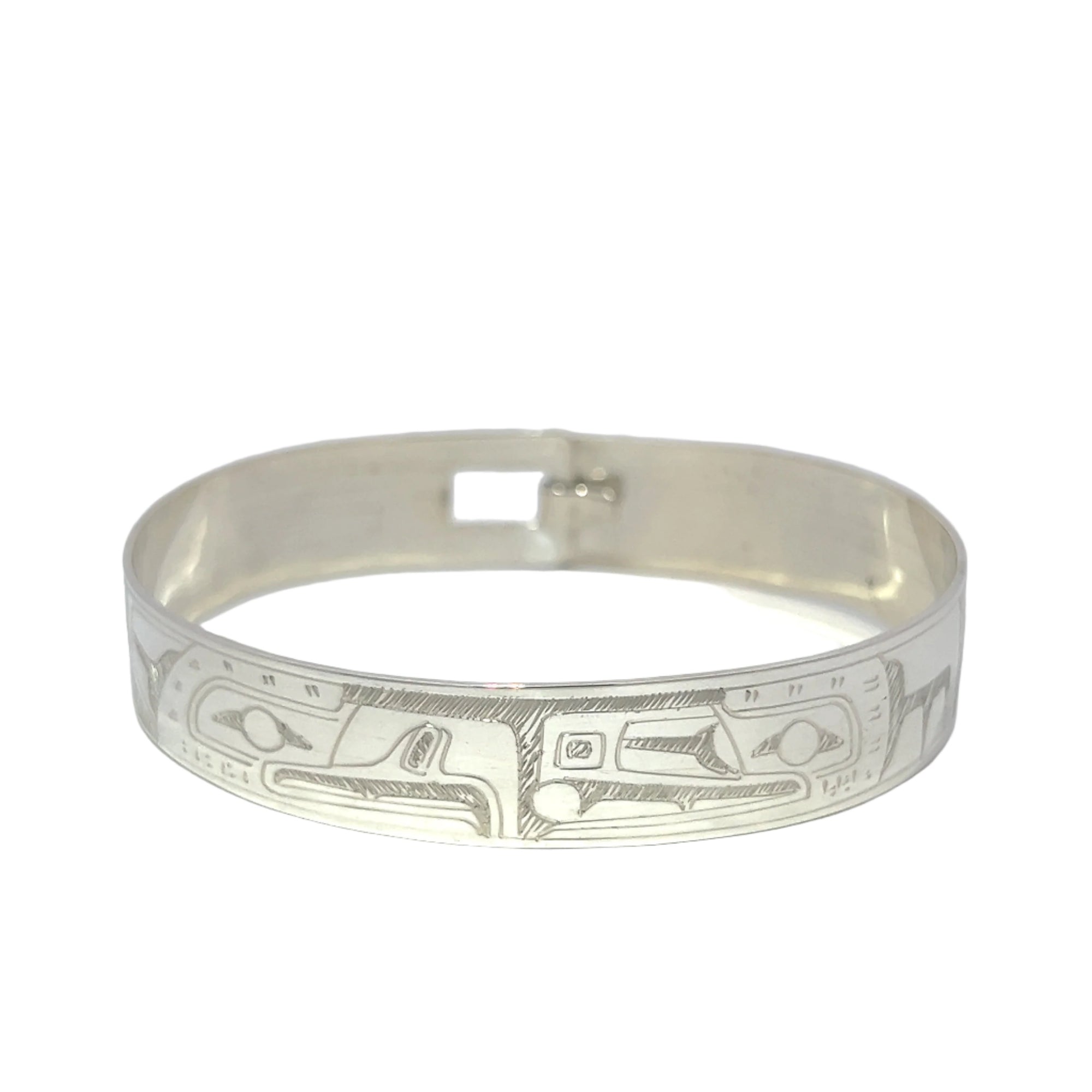 Gilbert Pat Eagle & Raven 1/2'' Width x  7.1/2" Diameter Silver Bangle - Gilbert Pat - Jewellery Sterling Silver Bracelets - House of Himwitsa Art Gallery