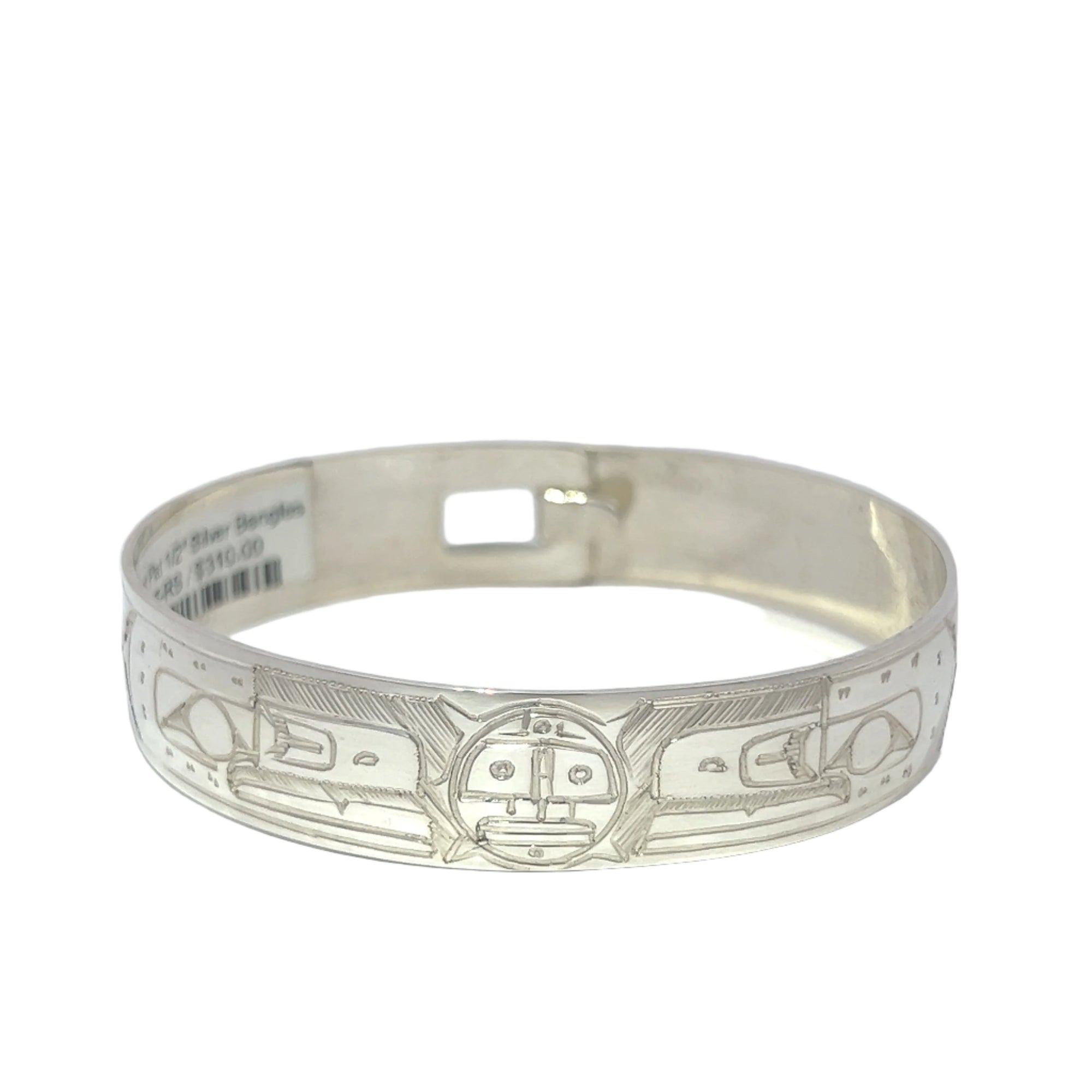 Gilbert Pat Raven Sun Raven 1/2'' Width x  7.1/2" Diameter Silver Bangle - Gilbert Pat - Jewellery Sterling Silver Bracelets - House of Himwitsa Art Gallery