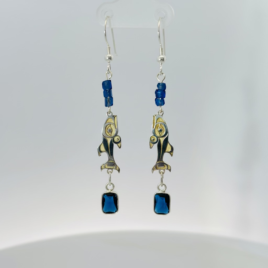 Morgan Asoyuf Earrings Salmon with Nissian Blue mini trade beads & Sapphire