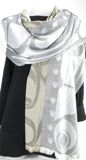 Shawl Poly Jacquard Kelly Robinson Raven (grey) - Shawl Poly Jacquard Kelly Robinson Raven (grey) -  - House of Himwitsa Native Art Gallery and Gifts