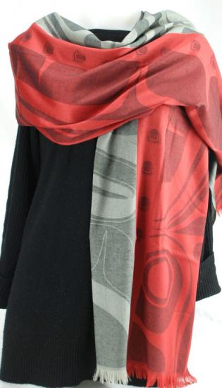 Shawl Poly Jacquard Kelly Robinson Raven (red/grey) - Shawl Poly Jacquard Kelly Robinson Raven (red/grey) -  - House of Himwitsa Native Art Gallery and Gifts