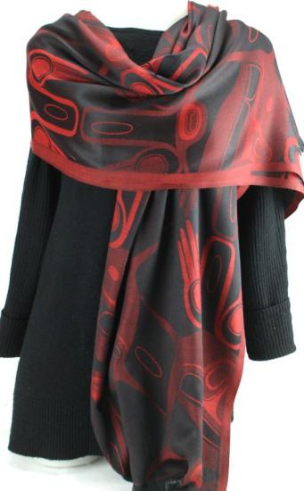 Shawl Poly Jacquard Kelly Robinson Hands (red/black) - Shawl Poly Jacquard Kelly Robinson Hands (red/black) -  - House of Himwitsa Native Art Gallery and Gifts