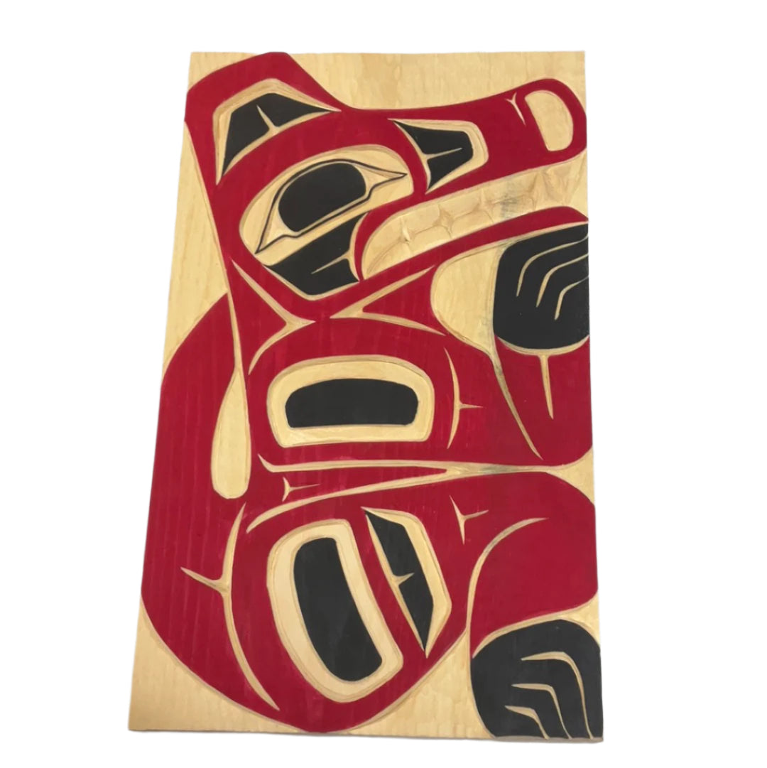 Randy Adams Wolf Yellow Cedar Panel 6"X10" Red -  - Panel - House of Himwitsa Art Gallery