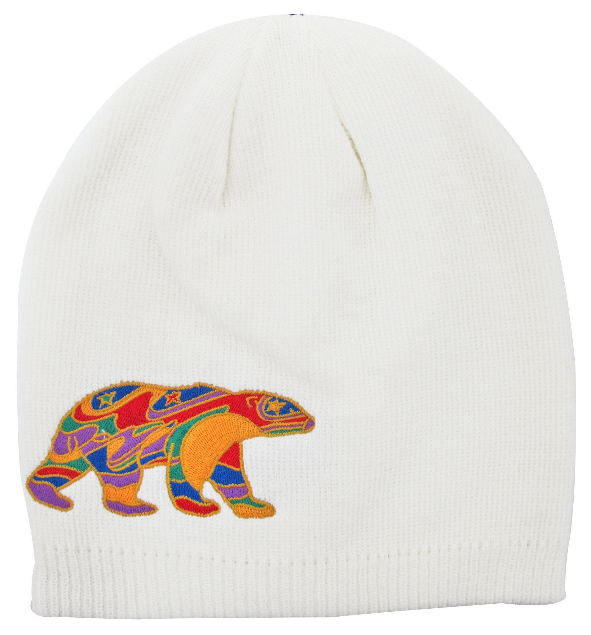 Embroidered Knitted Hat Dawn Oman Alpha Bear White - Embroidered Knitted Hat Dawn Oman Alpha Bear White -  - House of Himwitsa Native Art Gallery and Gifts