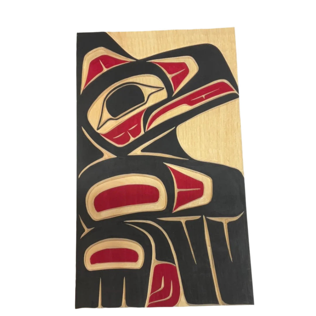 Randy Adams Raven Yellow Cedar Panel 6"X10" Black -  - Panel - House of Himwitsa Art Gallery