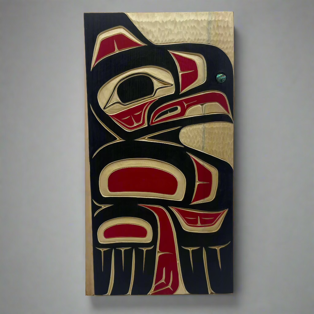 Randy Adams Eagle Yellow Cedar Panel 6X12 Abalone Inlay -  - Panel - House of Himwitsa Art Gallery
