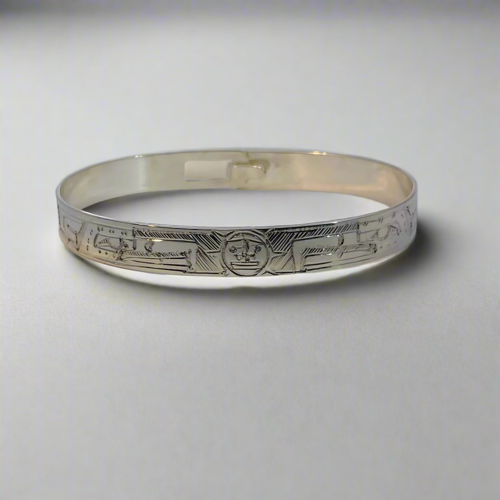 Gilbert Pat 5/16 Silver Bangle 2 Eagles and sun -  - carved jewelry - House of Himwitsa Art Gallery