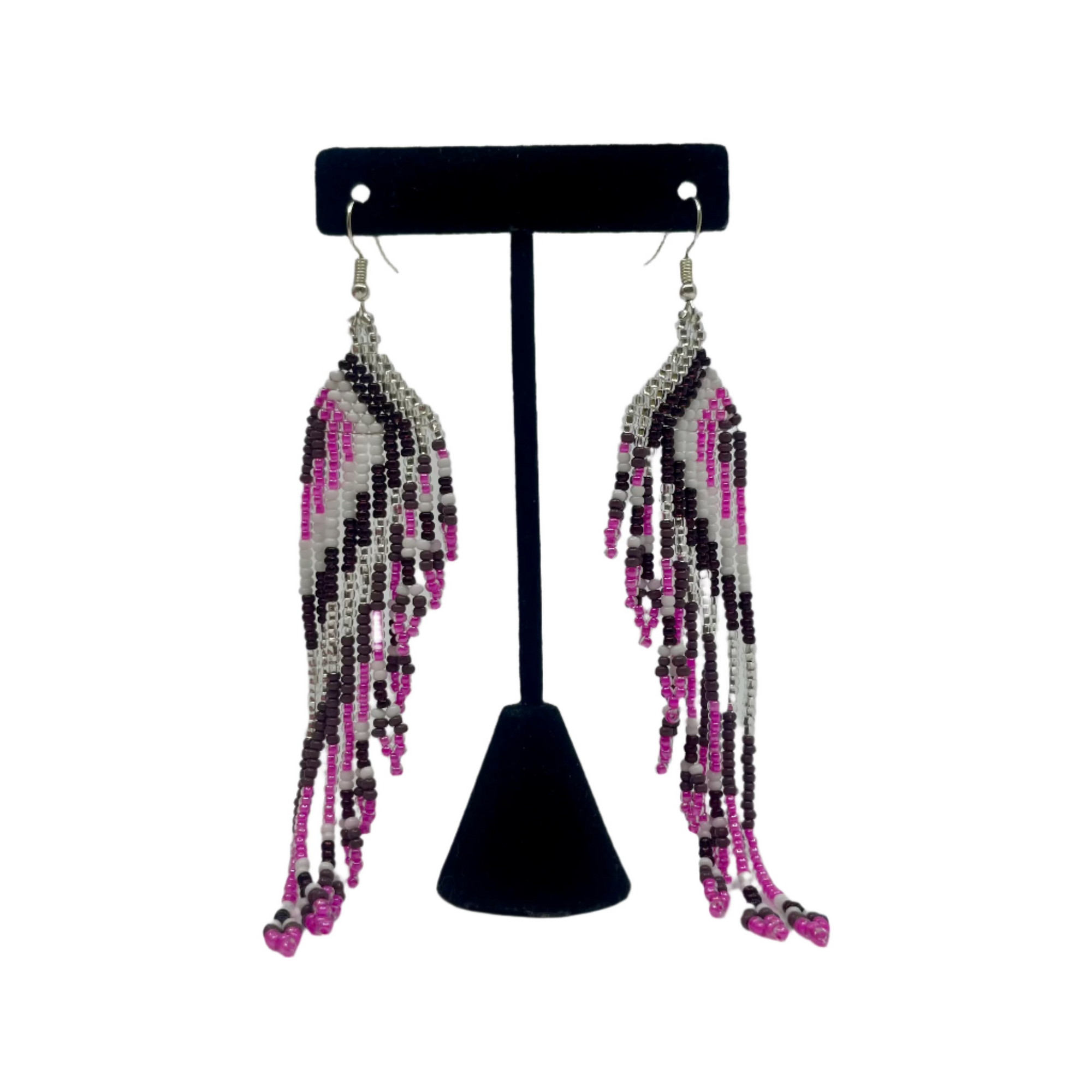 Beaded Earring Cascade Fringe Pink and Brown