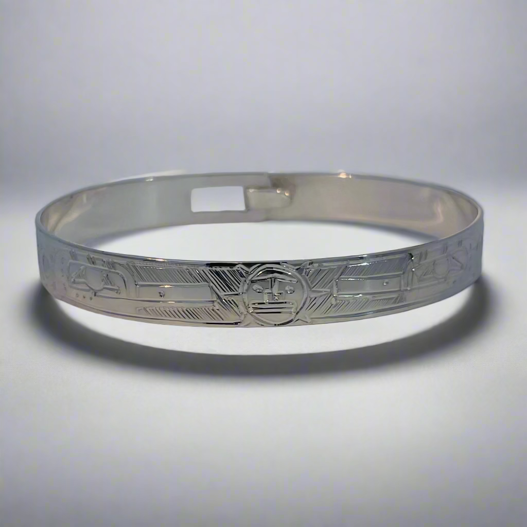 Gilbert Pat 5/16 Silver Bangle 2 Hummingbirds and sun -  - carved jewelry - House of Himwitsa Art Gallery