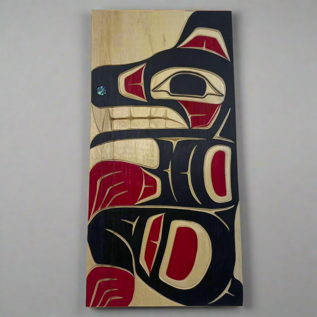 Randy Adams Bear Yellow Cedar Panel 6X12 Abalone Inlay -  - Panel - House of Himwitsa Art Gallery
