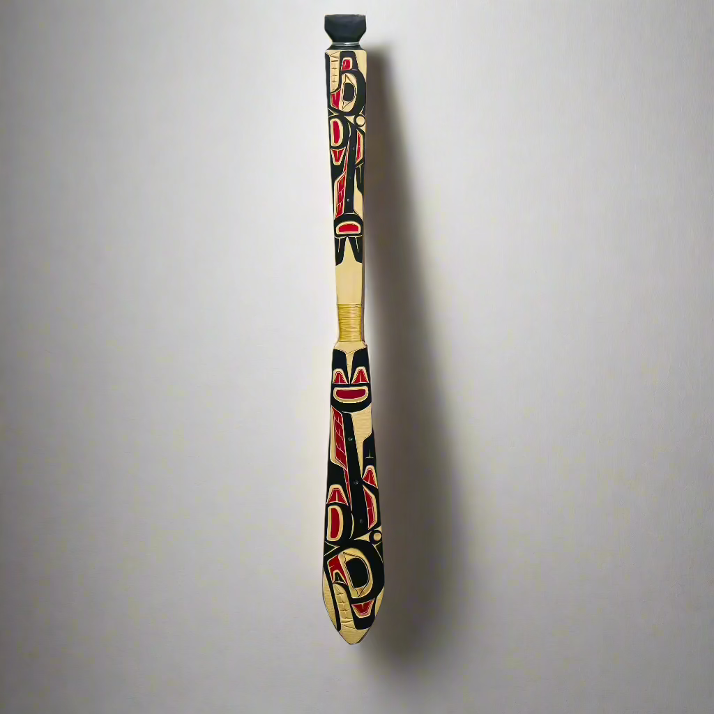 Randy Adams Paddle Yellow Cedar Killer Whale with abalone inlay -  - PADDLES - House of Himwitsa Art Gallery