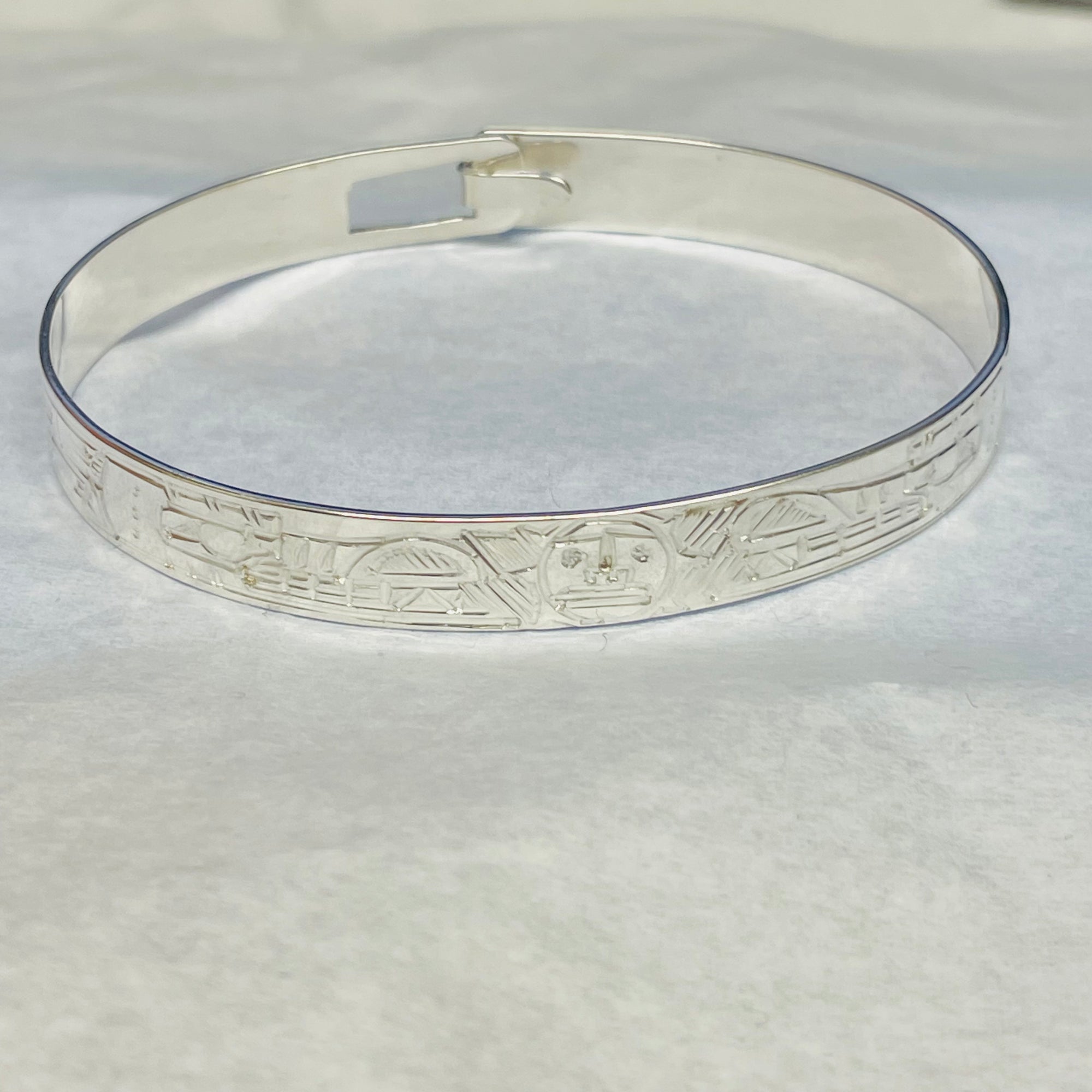 Gilbert Pat 5/16 Silver Bangle 2 Wolves and Sun -  - carved jewelry - House of Himwitsa Art Gallery