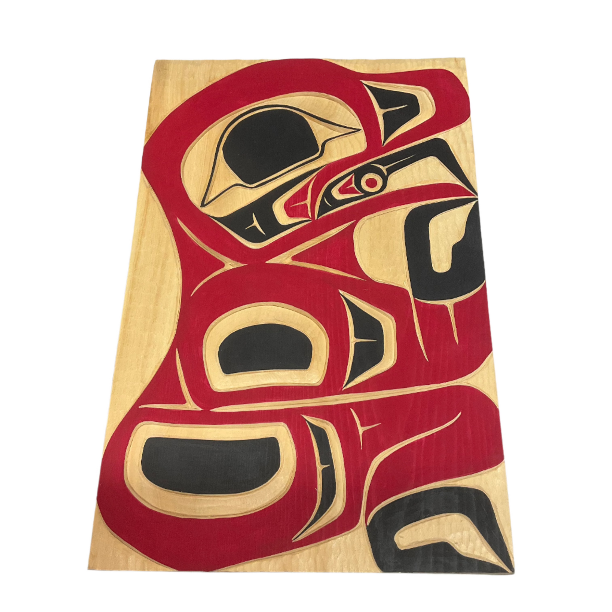 Randy Adams Red Frog Yellow Cedar Panel 12" x 8" -  - Panel - House of Himwitsa Art Gallery