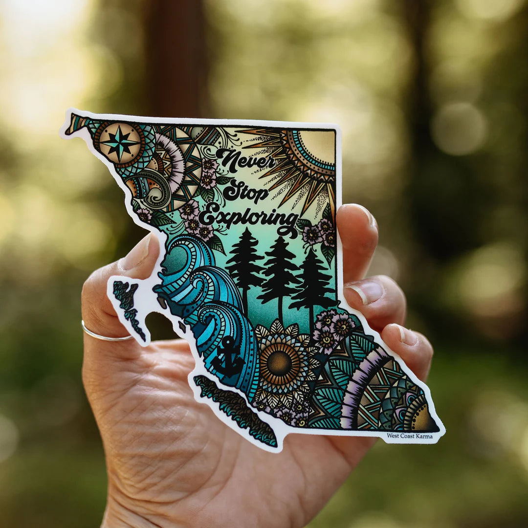 West Coast Karma Sticker Colourful Never Stop Exploring BC