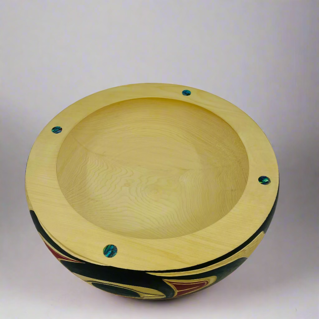 Randy Adams "Raven The Teacher" Bowl  with Abalone Inlay -  - CARVED BOWL - House of Himwitsa Art Gallery