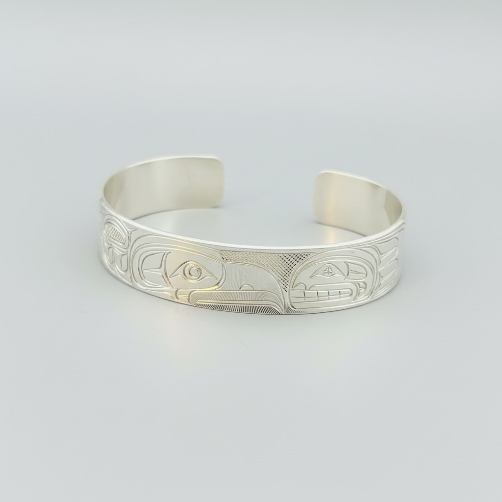 Travis Henry 1/2" Silver Bracelet Raven and Orca