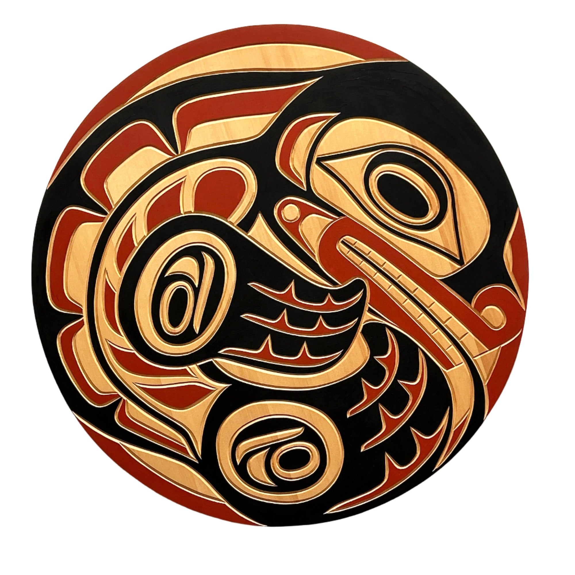 Jim Charlie Yellow Cedar Seal Panel 27" Diameter x .3/4" Depth - Jerry Wolfman - PANEL - House of Himwitsa Art Gallery