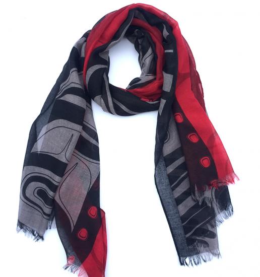 Shawl Poly Woven Kelly Robinson Raven (red/black) - Shawl Poly Woven Kelly Robinson Raven (red/black) -  - House of Himwitsa Native Art Gallery and Gifts