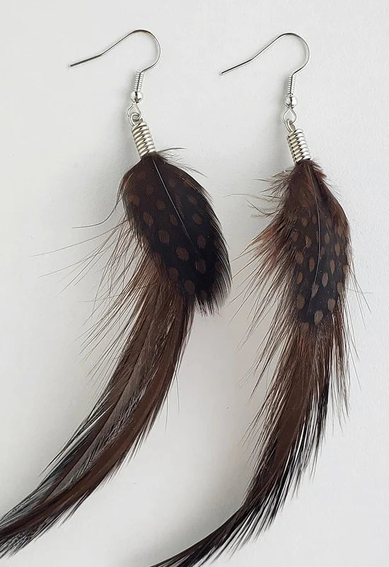 Natural Feather Earrings in Brown Hackle/Spotted Guinea