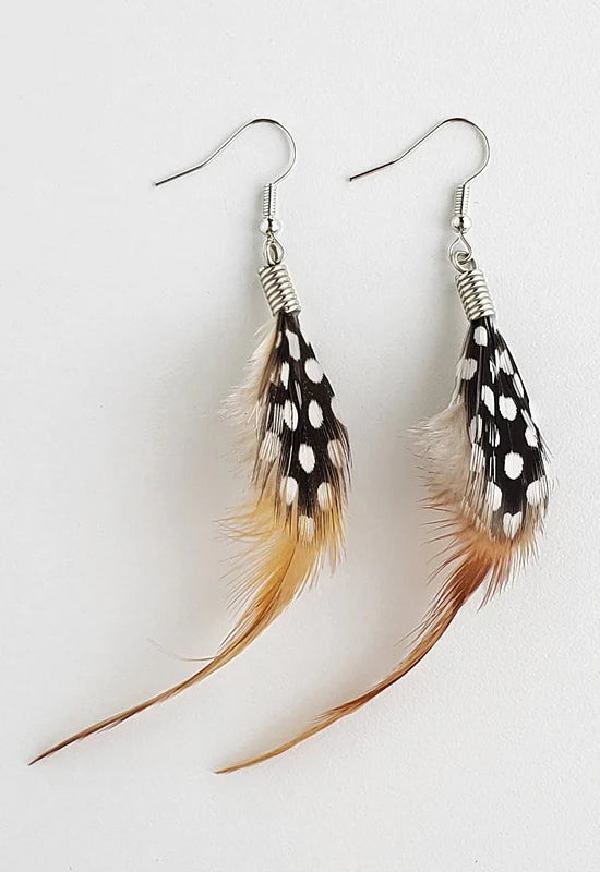 Natural Feather Earrings in Red Hackle/Spotted Guinea
