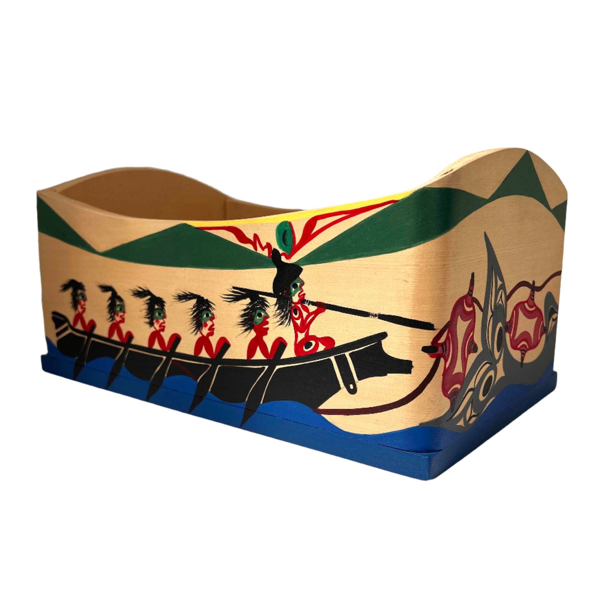 Patrick Amos Yellow / Red Cedar  Bentwood Box  Nuu-Chah-Nulth Whaling Scene - Jerry Wolfman - Bentwood box - House of Himwitsa Art Gallery