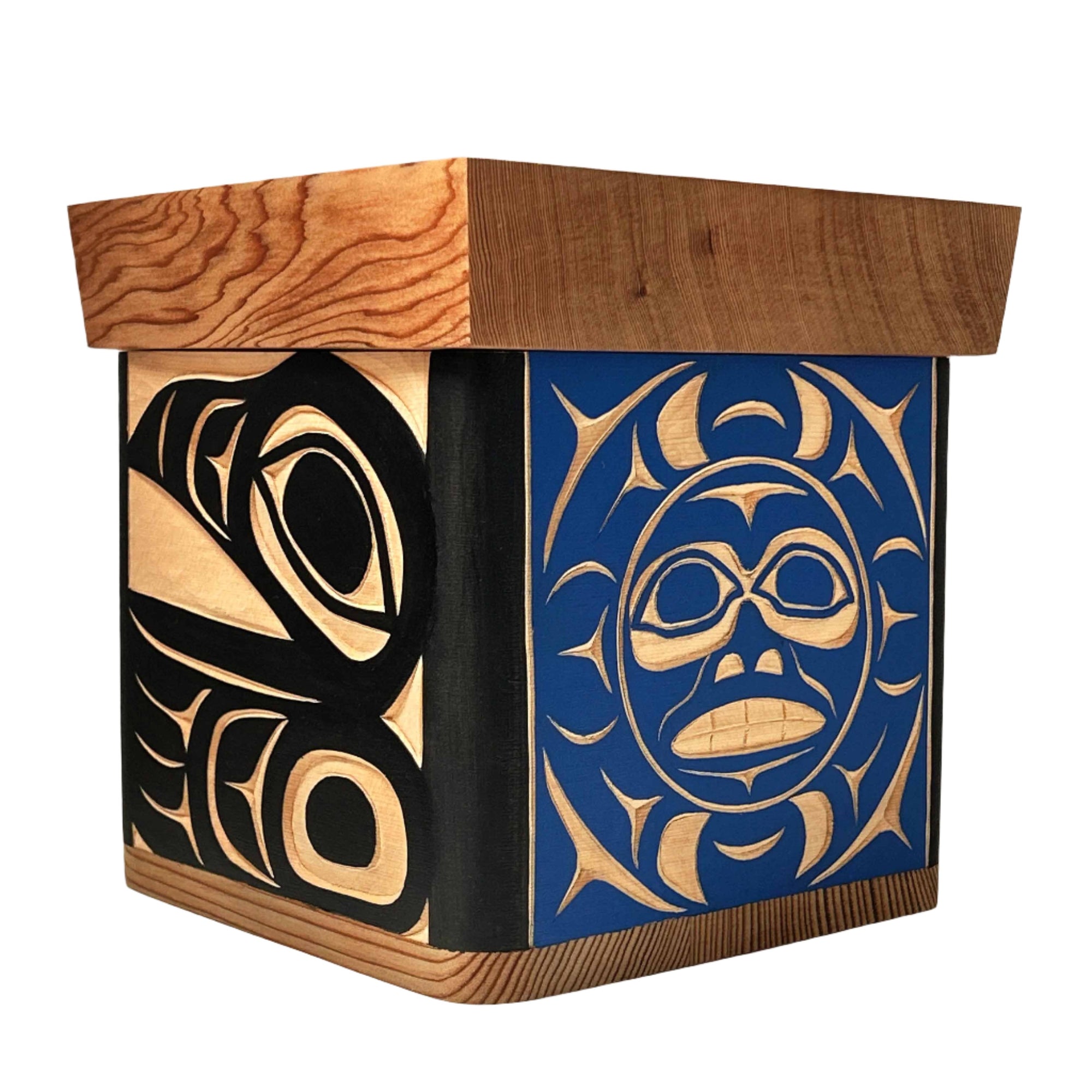 Trevor Husband  Raven Moon Red / Yellow Cedar  Bentwood Box - Trevor Husband - Bentwood Box - House of Himwitsa Art Gallery