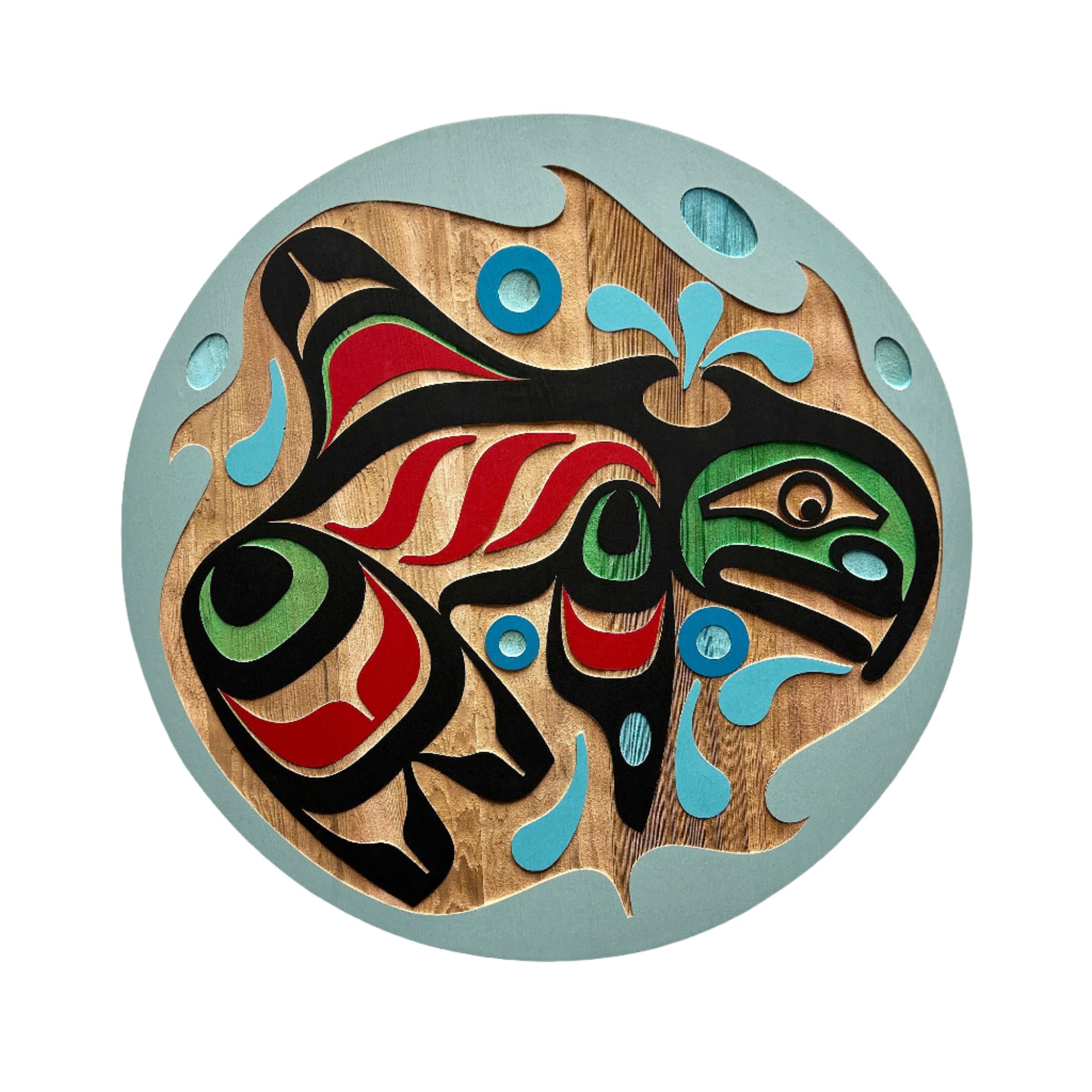 Trevor Hunt Kwakiutl Killer Whale Panel 24" (outer frame powder blue) - Trevor Hunt - PANEL - House of Himwitsa Art Gallery