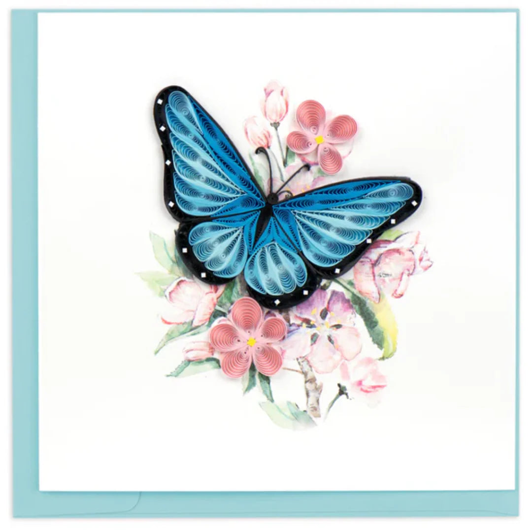 Quilling Art Card Blue Butterfly & Pink Flowers