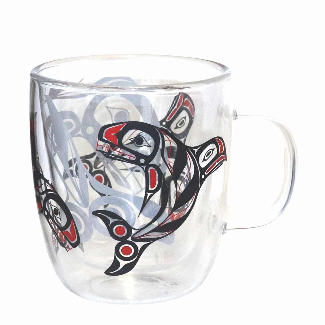 DOUBLE-WALLED GLASS MUGS - 12oz / Raven Fin Killer Whale - GMUG14 - House of Himwitsa Native Art Gallery and Gifts