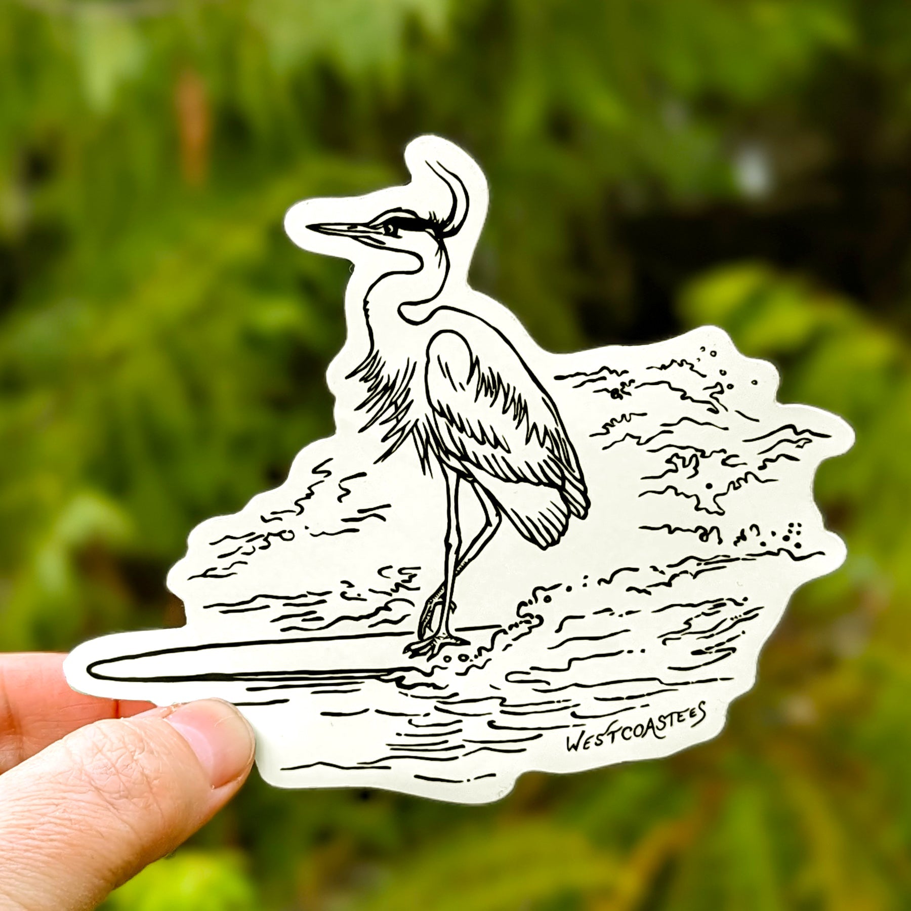 Westcoastees Surfing Heron Sticker - Westcoastees Surfing Heron Sticker -  - House of Himwitsa Native Art Gallery and Gifts